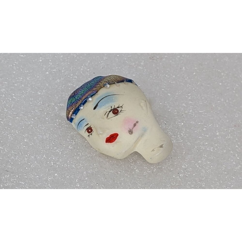 Vintage Hand-Painted Flapper Girl Head Face Pin Brooch 1.5" X 2.25"